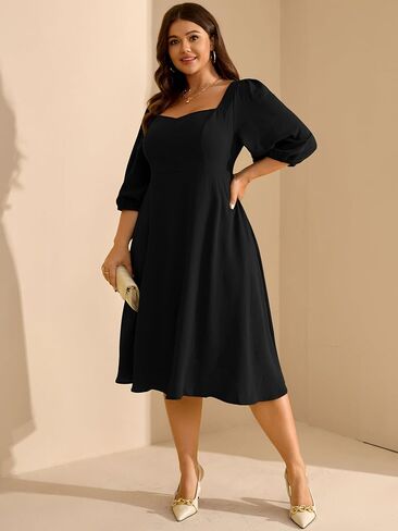 RWJ Plus Size Midi Dress for Women - 3/4 Sleeve Sweetheart Neck A-Line Casual Wedding Guest Dresses with Pockets in Saudi Arabia