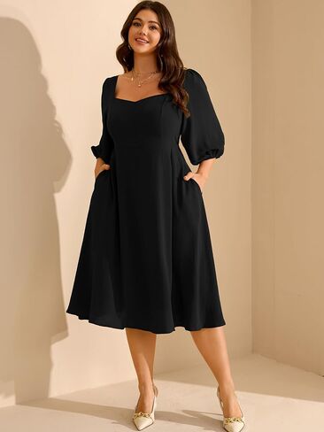 RWJ Plus Size Midi Dress for Women - 3/4 Sleeve Sweetheart Neck A-Line Casual Wedding Guest Dresses with Pockets in Saudi Arabia