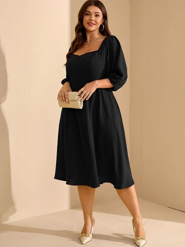 RWJ Plus Size Midi Dress for Women - 3/4 Sleeve Sweetheart Neck A-Line Casual Wedding Guest Dresses with Pockets in Saudi Arabia