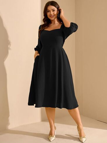 RWJ Plus Size Midi Dress for Women - 3/4 Sleeve Sweetheart Neck A-Line Casual Wedding Guest Dresses with Pockets in Saudi Arabia