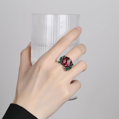 Haixian Fashion Rose Peony Flower Dite Ring ، Fild Sight Plessed Plated Ploral Finamel Band Band Jewelry for Women in Kuwait