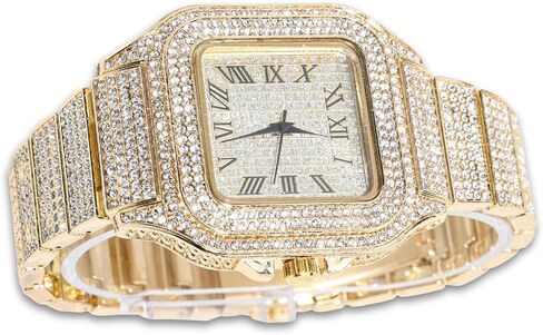 Halukakah Men's Watch - The King - 18K Gold/Platinum Plated, 40MM Square Dial, Diamonds Iced Out Wristband, Optional with Cuban Link Chain Necklace or Bracelet, Comes in Giftbox, for Boyfriend Husband in Saudi Arabia