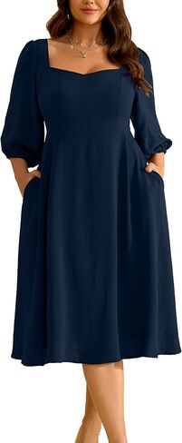RWJ Plus Size Midi Dress for Women - 3/4 Sleeve Sweetheart Neck A-Line Casual Wedding Guest Dresses with Pockets in Kuwait