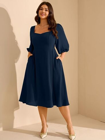 RWJ Plus Size Midi Dress for Women - 3/4 Sleeve Sweetheart Neck A-Line Casual Wedding Guest Dresses with Pockets in Kuwait