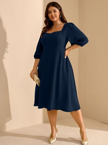 RWJ Plus Size Midi Dress for Women - 3/4 Sleeve Sweetheart Neck A-Line Casual Wedding Guest Dresses with Pockets in Kuwait