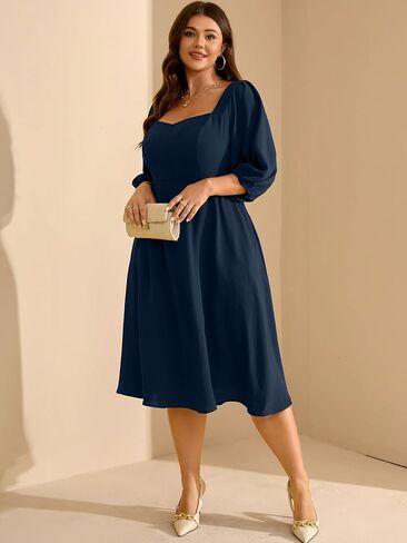 RWJ Plus Size Midi Dress for Women - 3/4 Sleeve Sweetheart Neck A-Line Casual Wedding Guest Dresses with Pockets in Kuwait