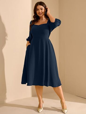 RWJ Plus Size Midi Dress for Women - 3/4 Sleeve Sweetheart Neck A-Line Casual Wedding Guest Dresses with Pockets in Kuwait