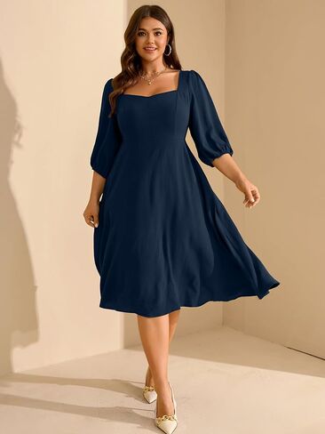 RWJ Plus Size Midi Dress for Women - 3/4 Sleeve Sweetheart Neck A-Line Casual Wedding Guest Dresses with Pockets in Kuwait