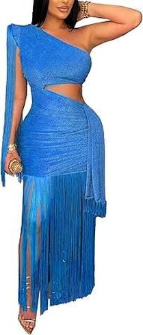 Womens Sexy One Shoulder Fringe Dress Summer Sleeveless Cut Out Tassel Evening Cocktail Party Maxi Dresses in Kuwait