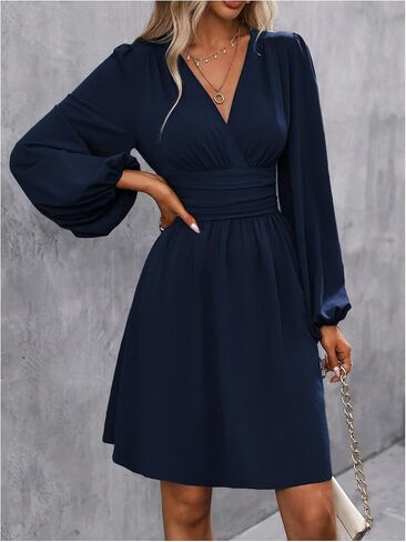 Soly Hux Women's Elegant Dress v Neck Long Long Gereve High Weist Swing Prom Cocktail Cocktail Dresses in Kuwait