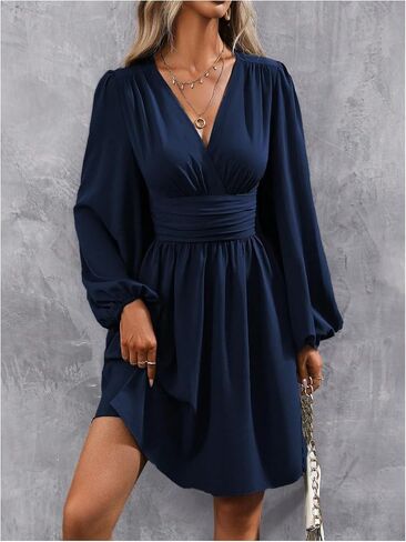 Soly Hux Women's Elegant Dress v Neck Long Long Gereve High Weist Swing Prom Cocktail Cocktail Dresses in Kuwait