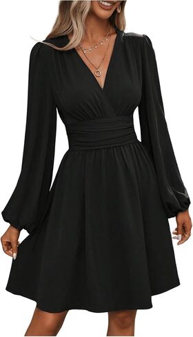SOLY HUX Women's Elegant Dress V Neck Long Sleeve High Waist Swing Prom Cocktail Short Dresses in Saudi Arabia