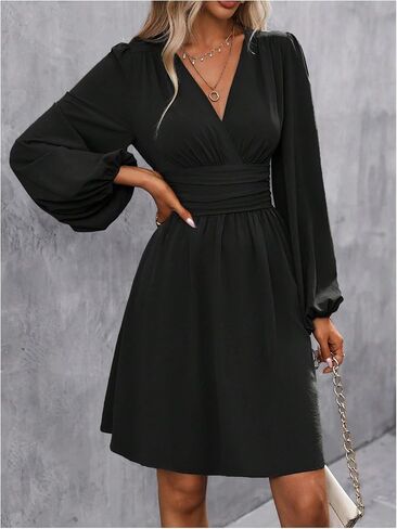 SOLY HUX Women's Elegant Dress V Neck Long Sleeve High Waist Swing Prom Cocktail Short Dresses in Saudi Arabia