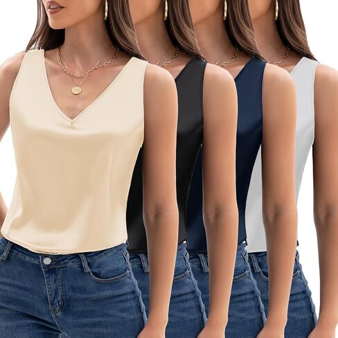4 Pack Women's Tank Tops Silk Satin V Neck Sleeveless Blouse Summer Basic Camisole Shirt in Saudi Arabia