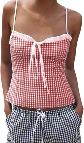 Women Gingham Lace Trim Square Neck Crop Tank Tops Plaid Y2K Sleeveless Going Out Tops Slim Fitted Casual Cami Shirts in Kuwait