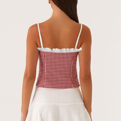 Women Gingham Lace Trim Square Neck Crop Tank Tops Plaid Y2K Sleeveless Going Out Tops Slim Fitted Casual Cami Shirts in Kuwait