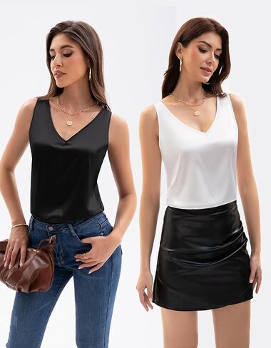 4 Pack Women's Tank Tops Silk Satin V Neck Sleeveless Blouse Summer Basic Camisole Shirt in Saudi Arabia