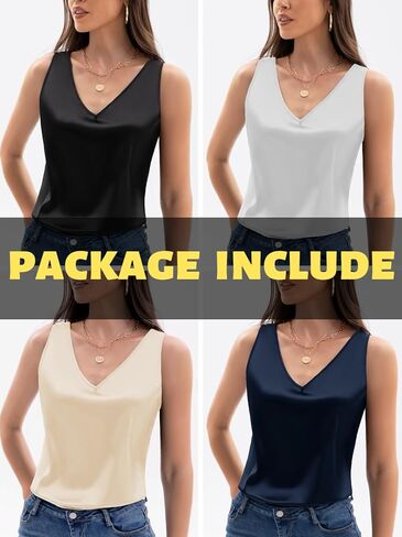4 Pack Women's Tank Tops Silk Satin V Neck Sleeveless Blouse Summer Basic Camisole Shirt in Saudi Arabia