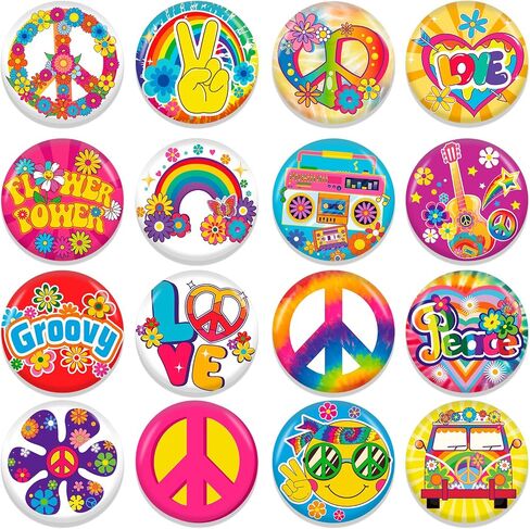 HOWAF 16 Pcs Hippie Accessories Hippie Pin Badge Button, Hippy Boho Peace Sign Flower Power Pins Badges Hippie Costume for Clothes and Bags Groovy Party, 60s 70s Hippie Party Decorations in Saudi Arabia