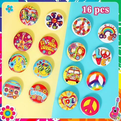 HOWAF 16 Pcs Hippie Accessories Hippie Pin Badge Button, Hippy Boho Peace Sign Flower Power Pins Badges Hippie Costume for Clothes and Bags Groovy Party, 60s 70s Hippie Party Decorations in Saudi Arabia