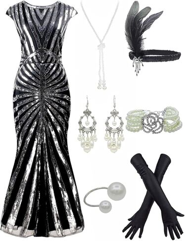 Women Floral V Neck Prom Evening Dress 1920s Flapper Cocktail Mermaid Hem Formal Gown W/Accessories Set in Kuwait