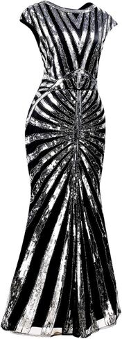 Women Floral V Neck Prom Evening Dress 1920s Flapper Cocktail Mermaid Hem Formal Gown W/Accessories Set in Kuwait