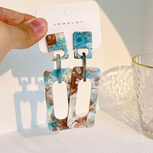 Boho Colorful Rectangle Dangle Earrings Retro Acrylic Geometry Exaggerated Double Squares Statement Drop Earrings for Women Jewelry Gift in Kuwait