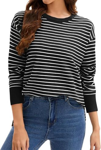 Womens Striped Sweater Side Slits Knit Crew Neck Oversized Pullover Tops Fall Casual Outfits in Kuwait