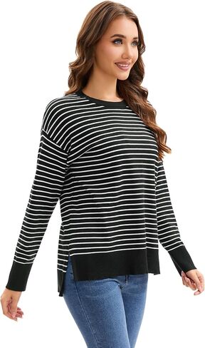 Womens Striped Sweater Side Slits Knit Crew Neck Oversized Pullover Tops Fall Casual Outfits in Kuwait