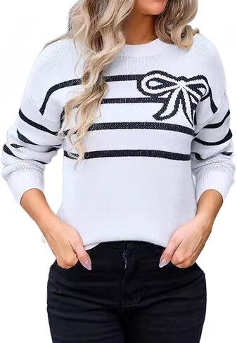 Womens Knitted Pullover Bow Sweater Long Sleeve Crewneck Y2k Casual Bow Top in Saudi Arabia