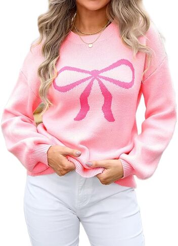 Womens Knitted Pullover Bow Sweater Long Sleeve Crewneck Y2k Casual Bow Top in Saudi Arabia