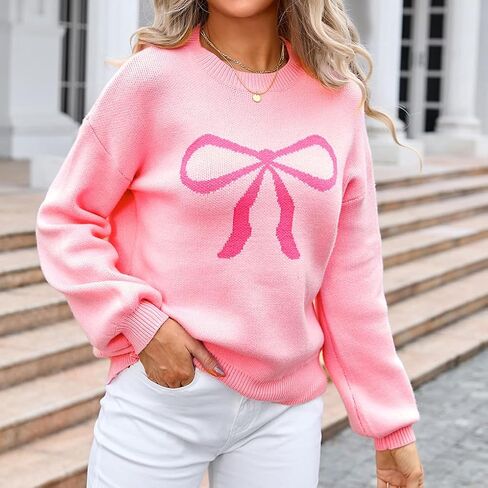 Womens Knitted Pullover Bow Sweater Long Sleeve Crewneck Y2k Casual Bow Top in Saudi Arabia