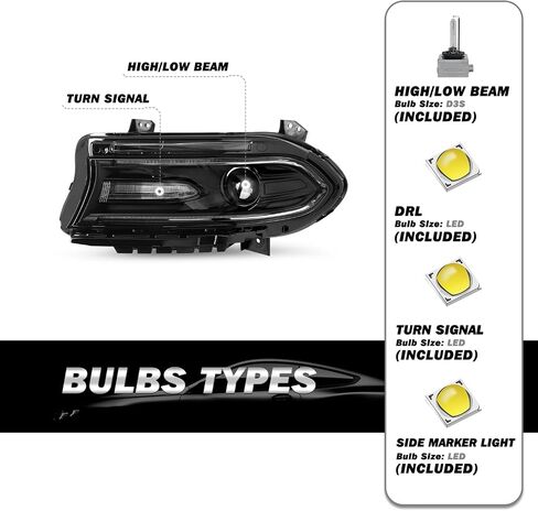 Headlight Assembly Replacement for 15-22 Dodge Charger [HID/Xenon Type] Projector Headlamp w/LED DRL LH (Left/Driver Side) Ballast Included in Saudi Arabia