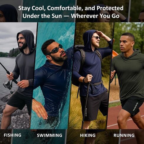 Men's UPF 50+ Fishing Rash Guard Shirt – Quick-Dry UV Long Sleeve Sun Hoodie Swim Shirt for Fishing, Hiking & Yard Work in Kuwait
