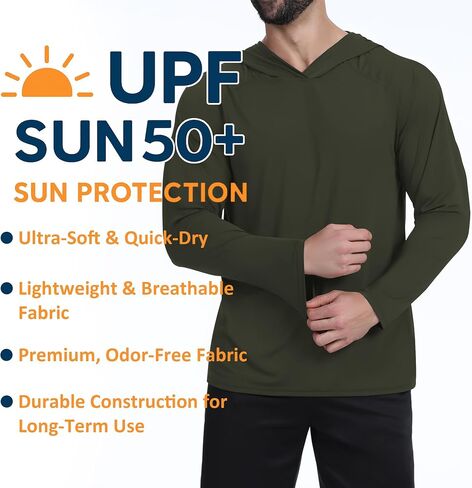 Men's UPF 50+ Fishing Rash Guard Shirt – Quick-Dry UV Long Sleeve Sun Hoodie Swim Shirt for Fishing, Hiking & Yard Work in Kuwait