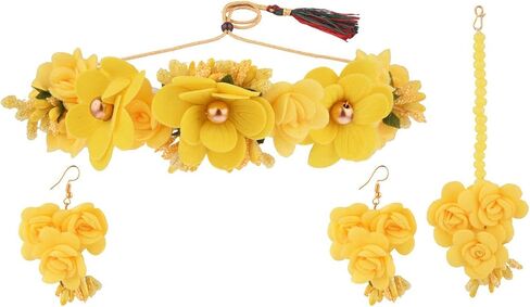 Efulgenz Indian Haldi Jewelry Set Floral Flower Jewelry Choker Necklace Earrings Maang Tikka Set Handmade Jewelry for Women Wedding Haldi Mehandi Jewelry in Saudi Arabia