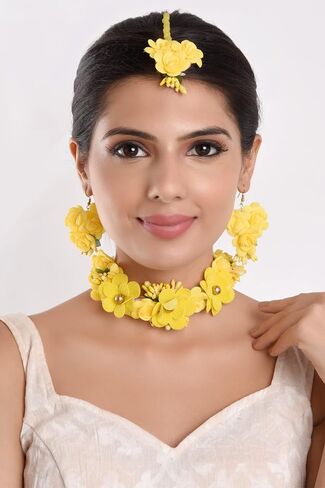Efulgenz Indian Haldi Jewelry Set Floral Flower Jewelry Choker Necklace Earrings Maang Tikka Set Handmade Jewelry for Women Wedding Haldi Mehandi Jewelry in Saudi Arabia