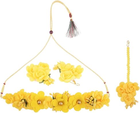 Efulgenz Indian Haldi Jewelry Set Floral Flower Jewelry Choker Necklace Earrings Maang Tikka Set Handmade Jewelry for Women Wedding Haldi Mehandi Jewelry in Saudi Arabia