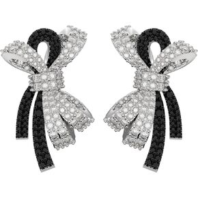 Gold-Plated Black and White Sparkling 5A Cubic Zirconia CZ Ribbon Bow Stud Earrings 丨925 Sterling Silver Ear Posts丨Trendy Anniversary and Birthday Gifts for Women in Saudi Arabia