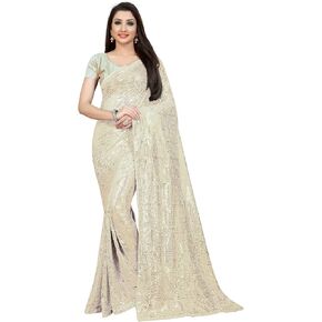 Indian Decor & Attire Bollywood Style Sarees Georgette with Heavy Sequence Work Saree with Unstitched Blouse for Party wear (Cream) in Saudi Arabia