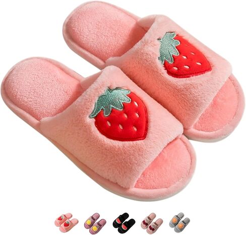 Women's Strawberry Slippers Non-Slip Indoor House Shoes Cute Fruit Plush Cozy Open Toe Cotton Bedroom Home Slippers with Memory Foam Lightweight Travel Portable in Kuwait
