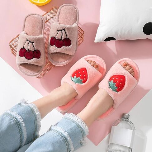 Women's Strawberry Slippers Non-Slip Indoor House Shoes Cute Fruit Plush Cozy Open Toe Cotton Bedroom Home Slippers with Memory Foam Lightweight Travel Portable in Kuwait