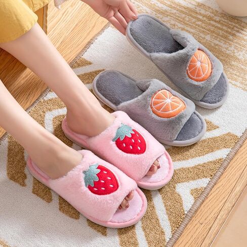 Women's Strawberry Slippers Non-Slip Indoor House Shoes Cute Fruit Plush Cozy Open Toe Cotton Bedroom Home Slippers with Memory Foam Lightweight Travel Portable in Kuwait