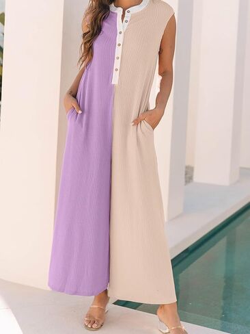yoeasy Womens Casual Sleeveless Tank Jumpsuits Color Block Wide Leg Comfy Button Down Baggy Rompers in Saudi Arabia