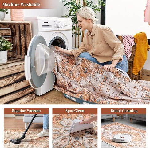 Vintage 8x10 Washable Area Rug, Low-Profile Large Area Rug with Non-Slip Backing & Durable Edge Binding, Pet-Friendly Carpet, Large Rug for Living Room, Bedroom, Dinning Room in Kuwait