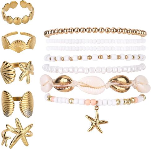 12pcs Summer Beach Bracelets & Rings Set, Seashell Rings Boho Beaded Stretch Bracelets Stackable Charm Jewelry for Women Hawaiian Vacation Beach Party Gift in Saudi Arabia