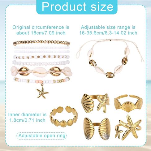 12pcs Summer Beach Bracelets & Rings Set, Seashell Rings Boho Beaded Stretch Bracelets Stackable Charm Jewelry for Women Hawaiian Vacation Beach Party Gift in Saudi Arabia