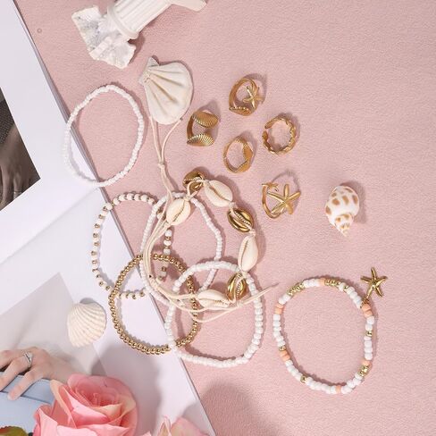 12pcs Summer Beach Bracelets & Rings Set, Seashell Rings Boho Beaded Stretch Bracelets Stackable Charm Jewelry for Women Hawaiian Vacation Beach Party Gift in Saudi Arabia