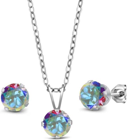 Gem Stone King 3.00 Cttw Mercury Mist Mystic Topaz Pendant and Earrings Jewelry Set For Women | 925 Sterling Silver | Gemstone Birthstone | With 18 Inch Silver Chain in Saudi Arabia