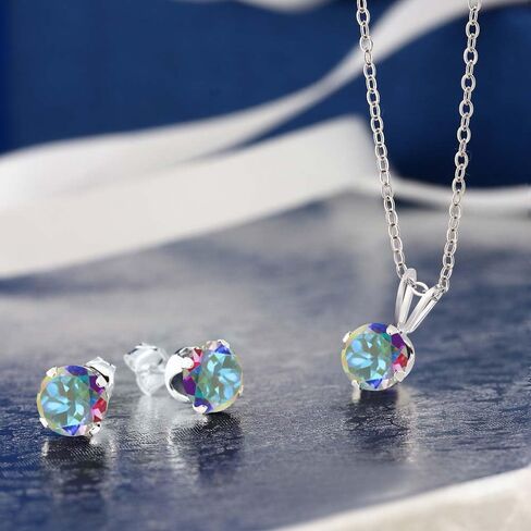 Gem Stone King 3.00 Cttw Mercury Mist Mystic Topaz Pendant and Earrings Jewelry Set For Women | 925 Sterling Silver | Gemstone Birthstone | With 18 Inch Silver Chain in Saudi Arabia
